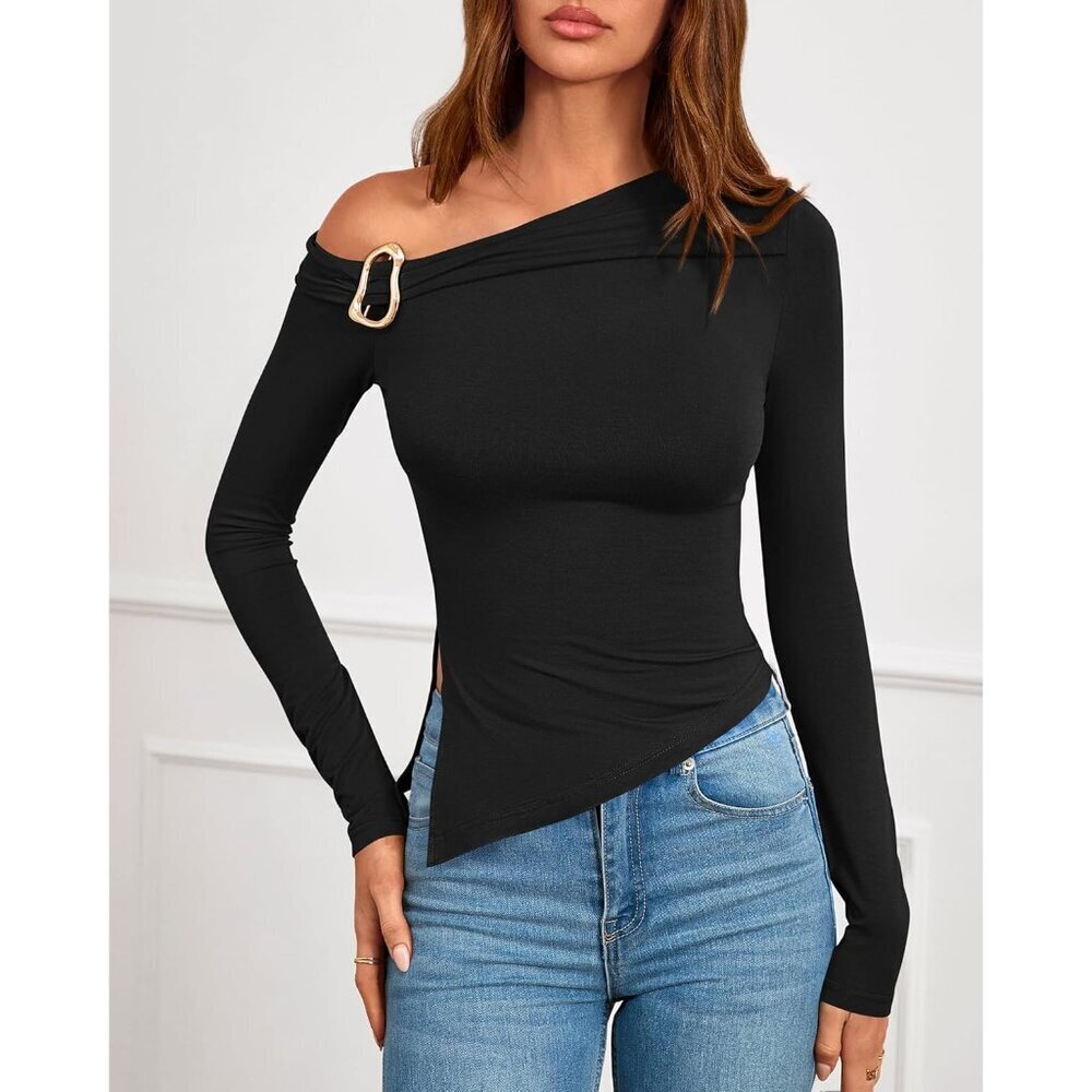 Women Off Shoulder Top Viscose Elastane Slim Fit Asymmetrical Long Sleeve - Picture 8 of 8